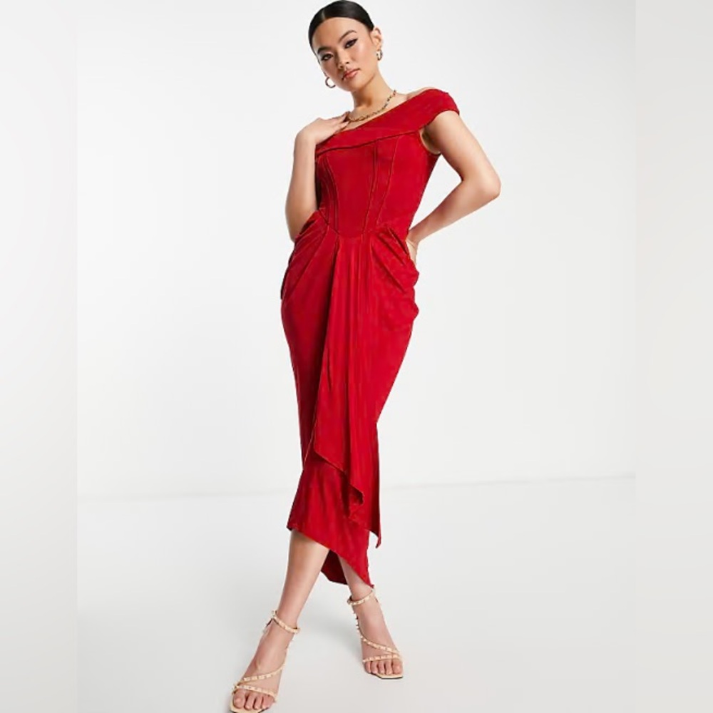 ASOS DESIGN bardot corset detail ruched red midi dress off the shoulder size 4